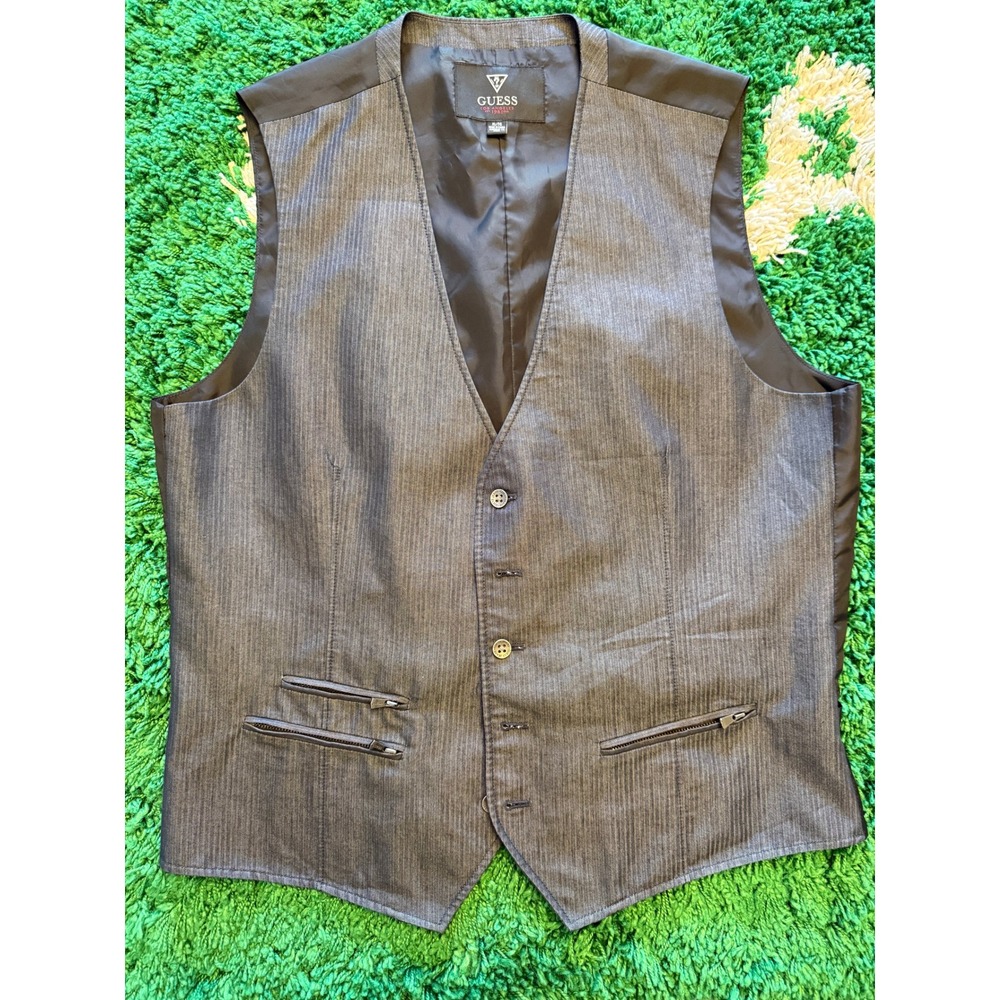 Guess Vest Mens XL Grey Excellent Herringbone Zipper Pockets Waistcoat